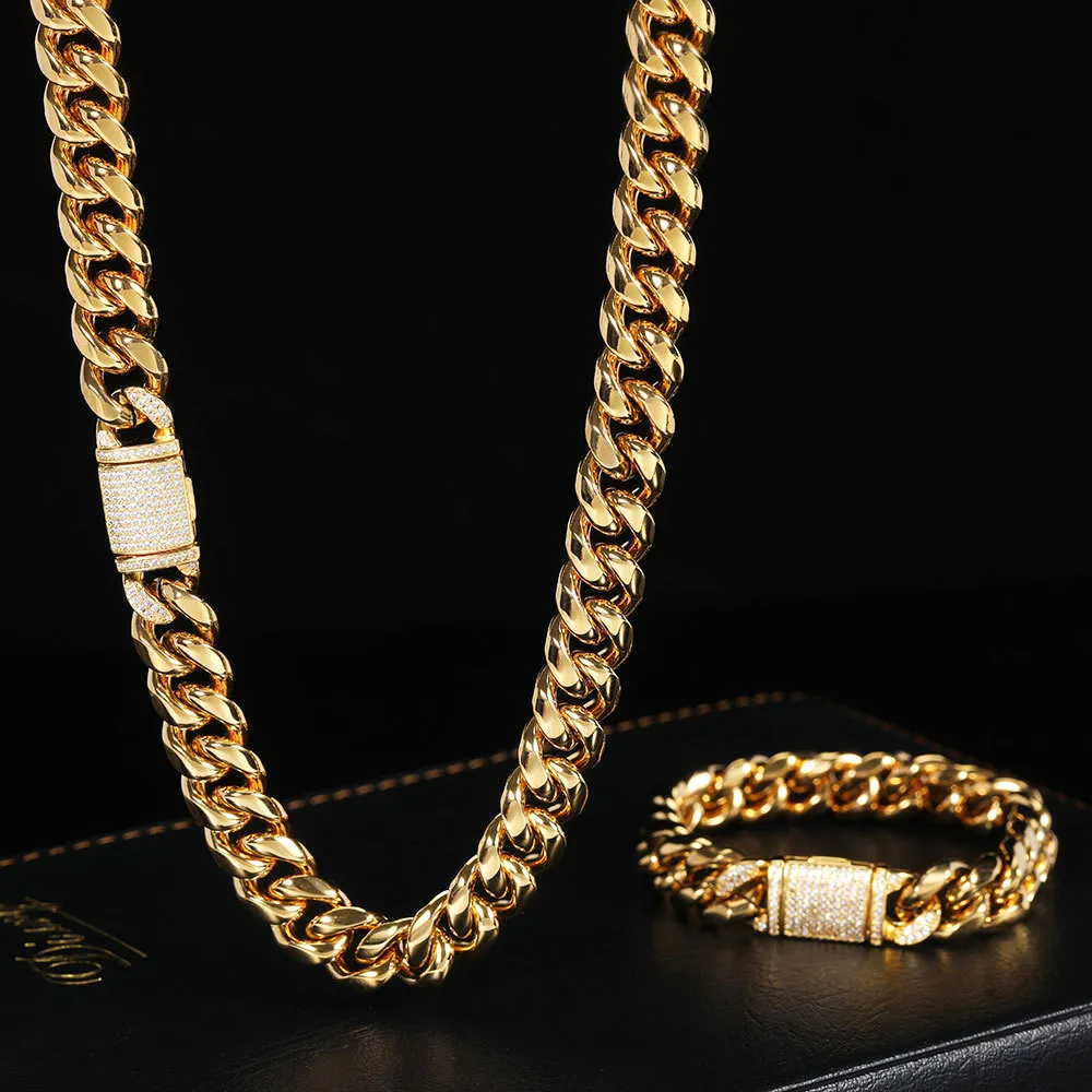 Tvornica 12mm Miami nehrđajući čelik kubanski lanac ogrlica hip hop Cadena De Oro 14k pozlaćena kubanska ogrlica za muškarce_voghion.com