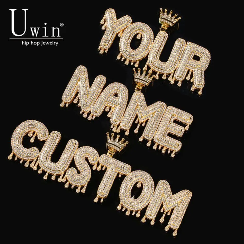 UIwn nome colar masculino personalizar gotejamento coroa inicial carta pingente cor rosa ouro comissão presente jóias corrente de corda cubana q11141899