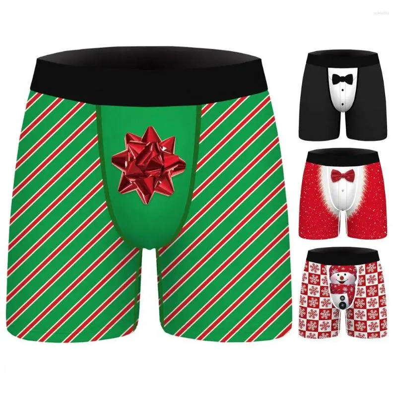 Underpants Men Milk Silk Boxers Christmas-themed Men's With Digital Print Striped Elastic Waist Anti-septic Properties For Soft