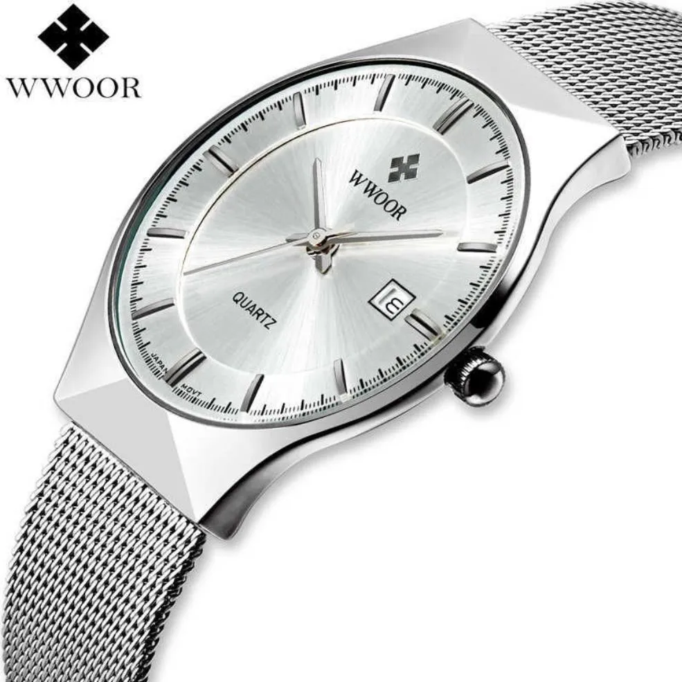 WWOOR Marque Hommes Montres Quartz Analogique Date Japon Mouvement Ultra Mince Étanche Maille En Acier Mince Mâle Montre-Bracelet Argent pour Hommes X0192W