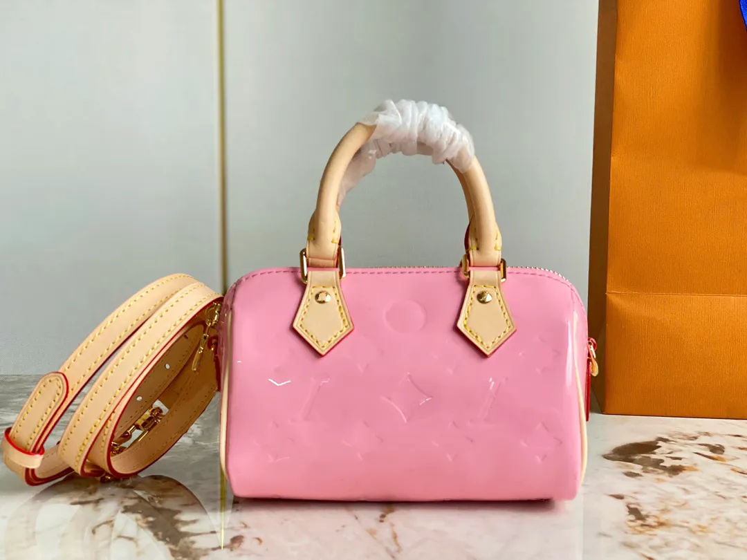 10A Nano Speedy Mini Designer Sac Femmes Épaule Nano Boston Classic Mini fourre-tout Saint Valentin Rose Cuir Verni Embossed Luxe Bandoulière Sac À Main Envoyer DHL Avec boîte