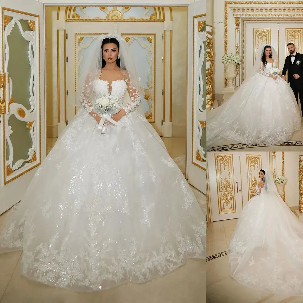 TOUNNINGBRIDE 2024 Graciös Sheer Neck Jewel Wedding Dress Fullärmare Sequins Applices Brudklänningar Custom Made Long Train Bride Dress