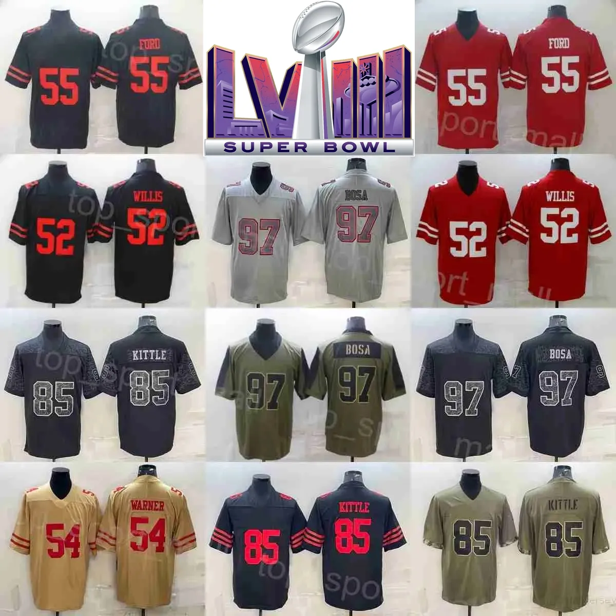 رجل كرة القدم 2024 Super Bowls 54 Fred Warner Jersey 52 Patrick Willis 55 Dee Ford 80 Jerry Rice 85 George Kittle 97 Nick Bosa Olive Salute to Service Color Rush Team