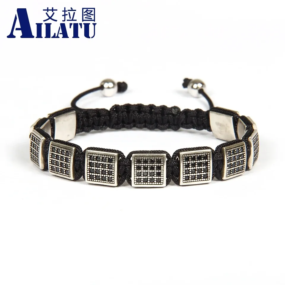 Armbanden Ailatu Heren Sieraden Groothandel Antiek Kleur Micro Pave Zwart CZ Flatbed Macrame Sqaure Armband Aanpasbare maat en stijl