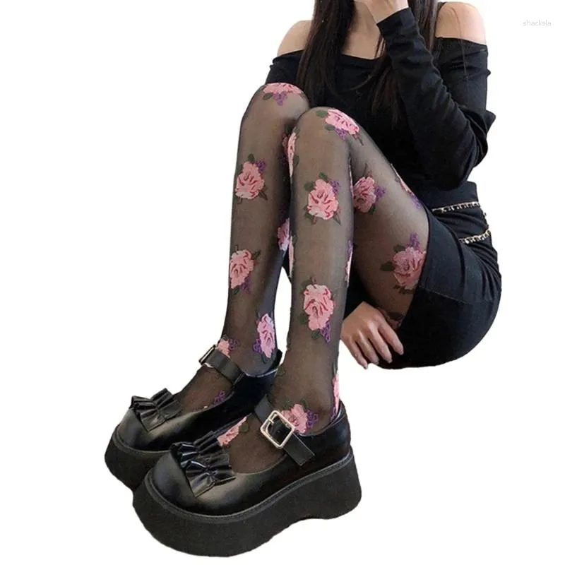 Meias femininas vintage rosa estampadas meias finas japonês jk cintura alta footed meia-calça meias de seda pura moda meias