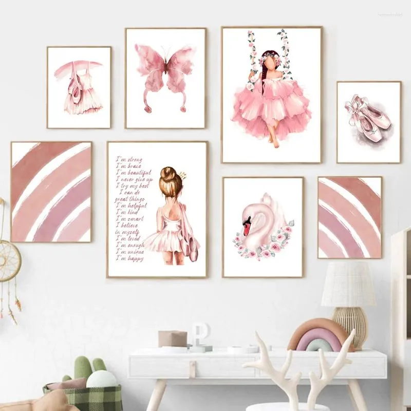 Gemälde Ballerina Mädchen Schuhe Regenbogen Blume Kinderzimmer Wandkunst Nordic Poster und Drucke Leinwand Malerei Bilder für Baby Kinderzimmer Dekor