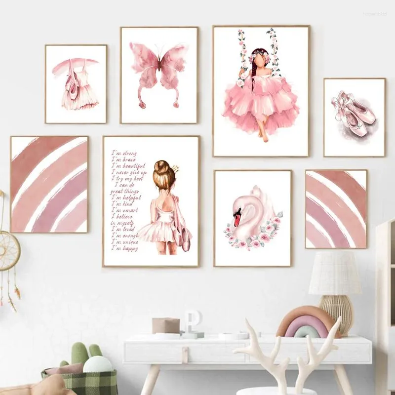 Pinturas Ballerina Chica Zapatos Rainbow Flower Nursery Wall Art Nordic Carteles y estampados Pintura de lona Fotos para niños Decoración de habitaciones para niños