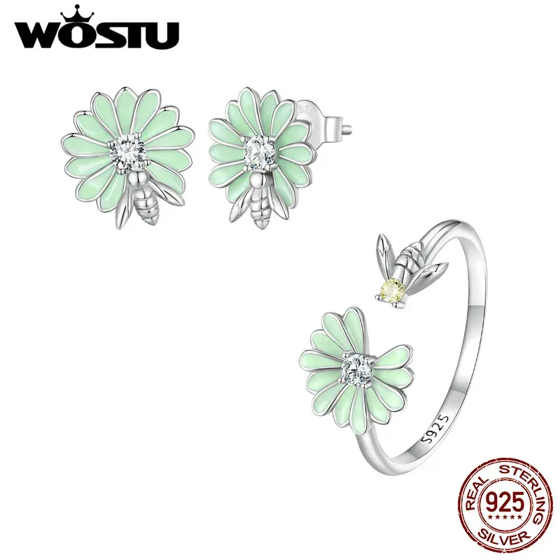 Uppsättningar Wostu äkta 100% Sterling Silver Daisy Bee Jewelry Set Emamel Pave CZ Finger Rings örhängen för kvinnor Fina smycken