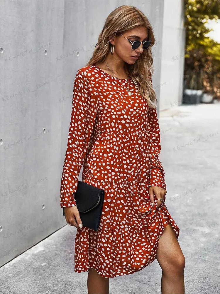 Basic Casual Dresses Spring Autumn Print Women Casual Button A Line Loose Knee Length Dress T240129