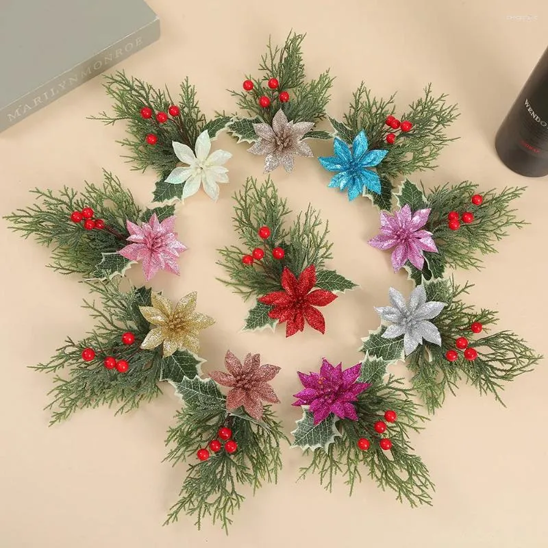 Decorative Flowers 1Pc Christmas Artificial Berry Pine Needles Flower Xmas Tree Hanging DIY Crafts Ornaments For Party Wedding Gifts Box