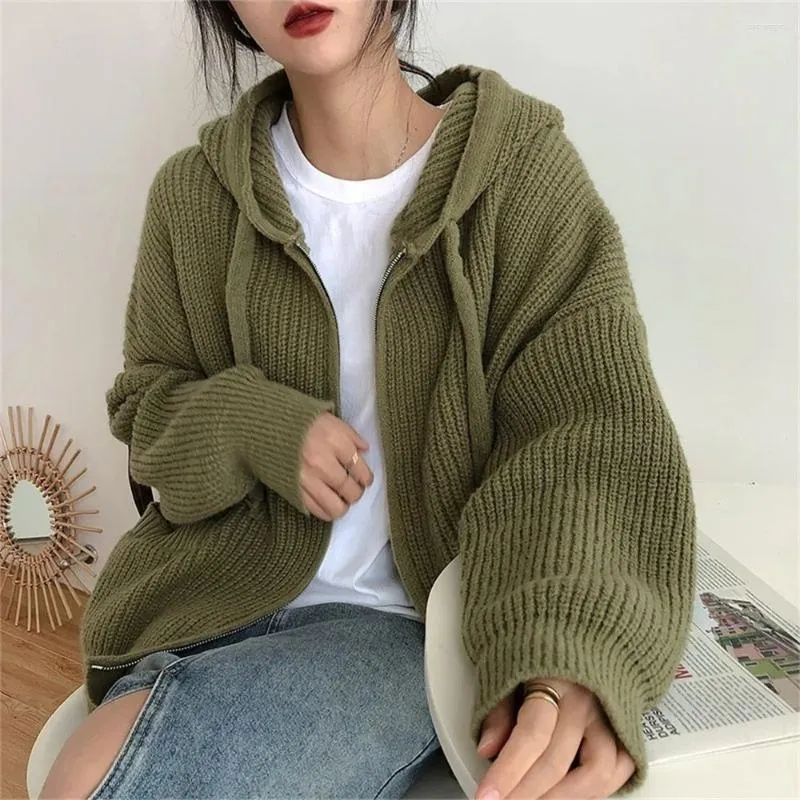 Femmes tricots femme japonais rétro à capuche tricoté cardigan femme automne hiver fermeture éclair poches pull manteau femmes décontracté lâche solide