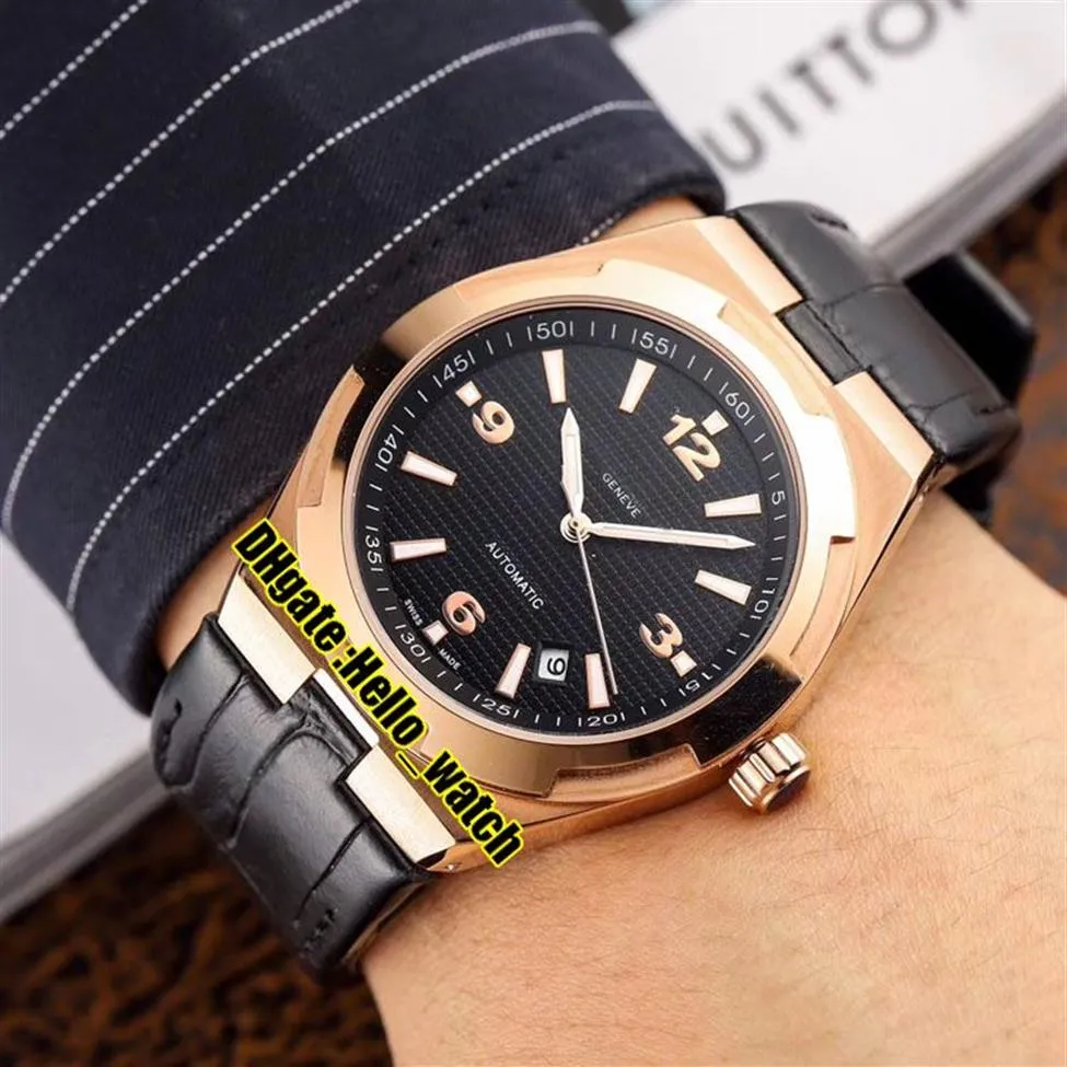 Cheap New Overseas 47040 000R-9666 Automatic Mens Watch Date Black Dial Rose Gold Case Leather Strap Gents Sport Watches Hello wat266U