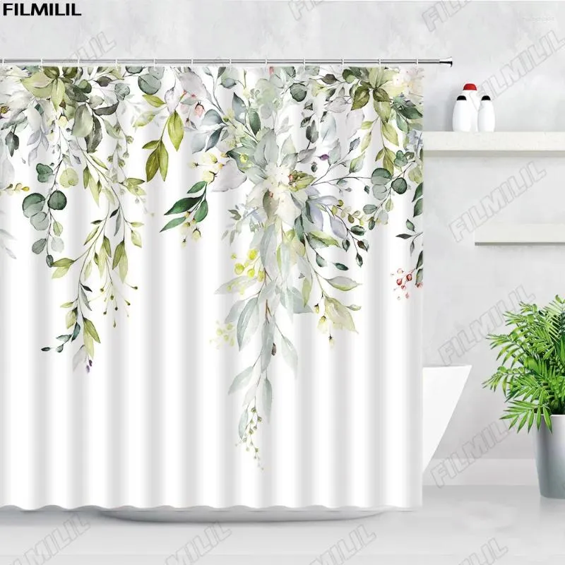 Rideaux de douche Feuilles d'aquarelle d'eucalyptus vert sur la plante supérieure avec décoration de salle de bain florale Ensemble de rideaux de bain en tissu avec crochets