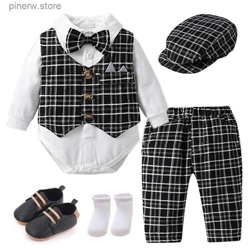 Conjuntos de roupas Roupas de cavalheiro para recém-nascidos xadrez colete chapéu calças branco bodysuit 7pcs traje de casamento bebê menino formal desempenho boutique conjunto