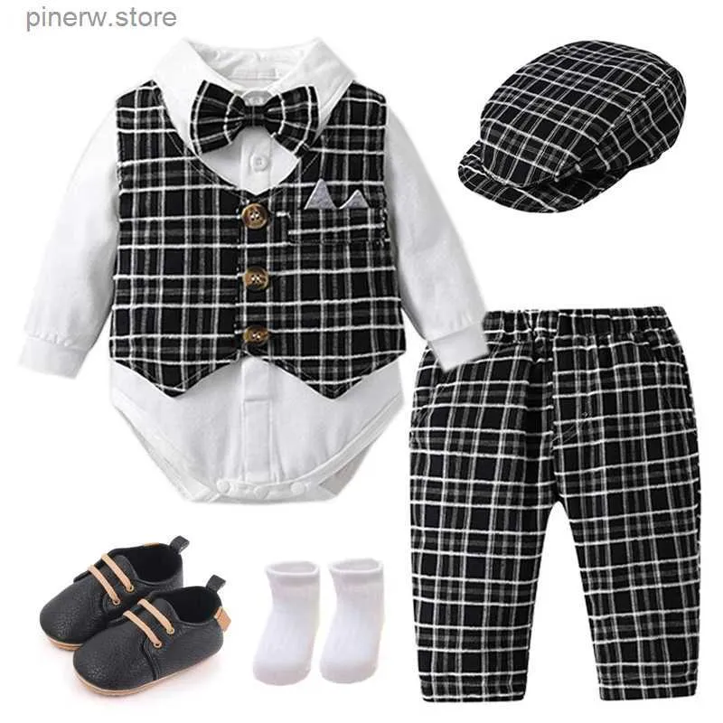 Kleidungssets Gentleman-Kleidung für Neugeborene, karierte Weste, Hut, Hose, weißer Body, 7-teilig, Hochzeitskostüm, Baby, formelle Leistung, Boutique-Set