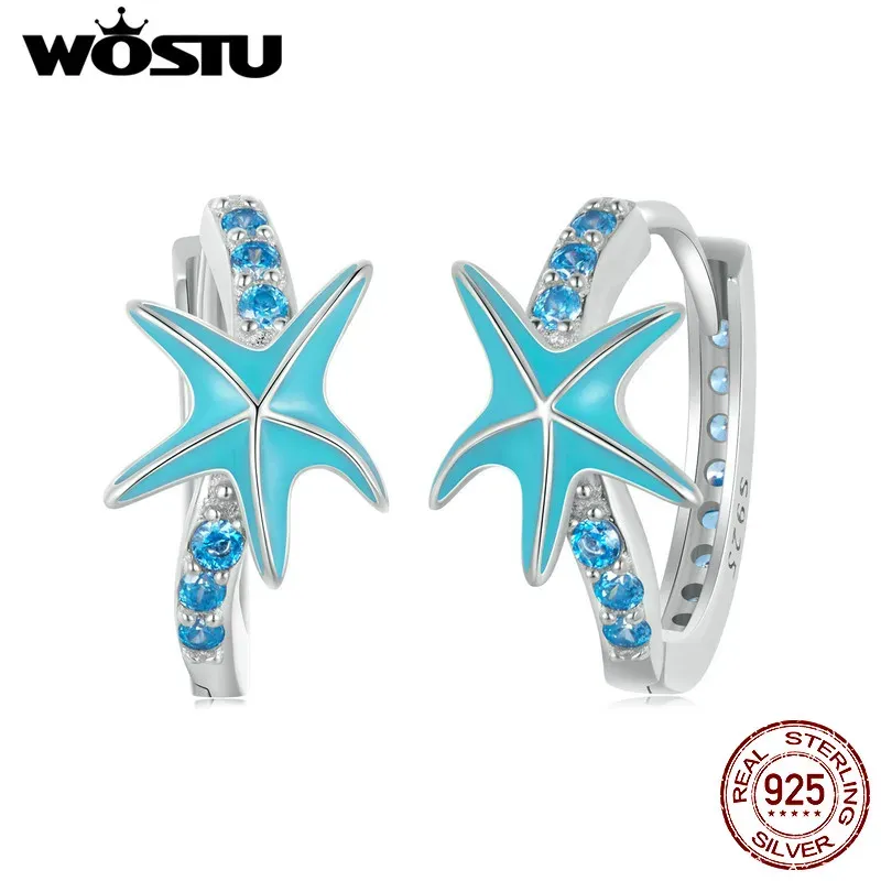 Boucles d'oreilles WOSTU réel 925 en argent Sterling bleu étoile de mer boucles d'oreilles pour les femmes à la main brillant Zircon oreille fête océan bijoux cadeau