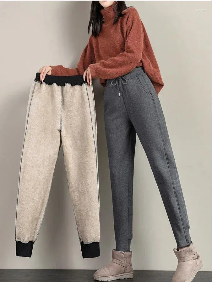 여자 바지 한국 겨울 셰르파 하렘을위한 2024 년 두껍게 따뜻한 발목 헐렁한 스웨트 회색 양털 열 벨벳 면화 집