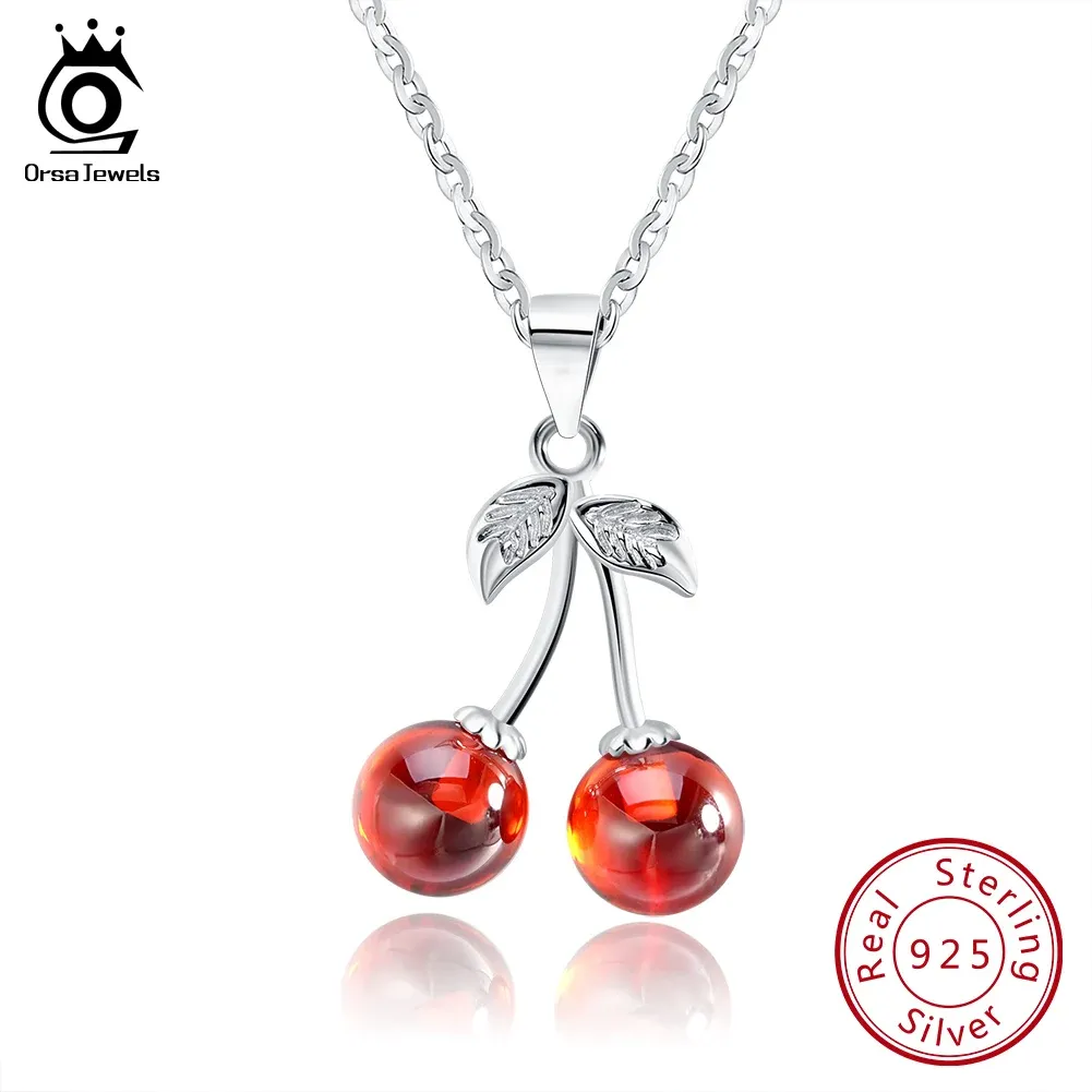 Necklace ORSA JEWELS 925 Sterling Silver Red Natural Stone Cherry Pendant Necklaces for Women Genuine Silver Jewelry Necklace Gift SN03