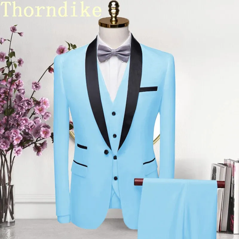 Thorndike high-end terno masculino gola preta terno masculino do noivo do casamento fino ajuste standerd tamanho blazer conjunto smokingjacketpantvest 240124