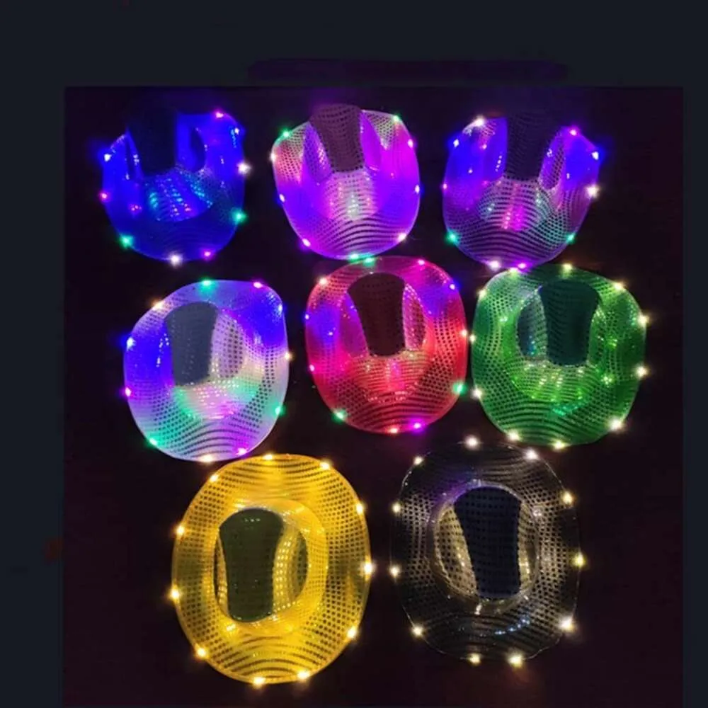 Sombrero LED de vaquera espacial para fiesta, sombreros de vaquero con luces intermitentes, gorras luminosas, regalos de disfraces de Halloween F017