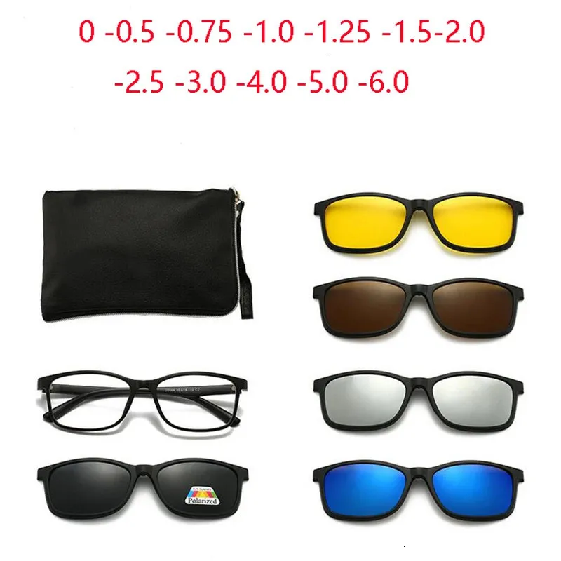 Magnet Clip Square Myopia Sunglasses Men Women With 5 Clip On Sunglasses Polarized Prescription Spectacles 0 -0.5 -0.75 To -6.0 240124