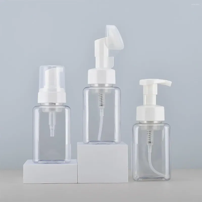 Flüssigseifenspender, 4 Stück, 250 ml, nachfüllbare Schaumflasche, quadratisch, Kunststoff, Wimpernreiniger, Duschgel-Spender, Reisebedarf