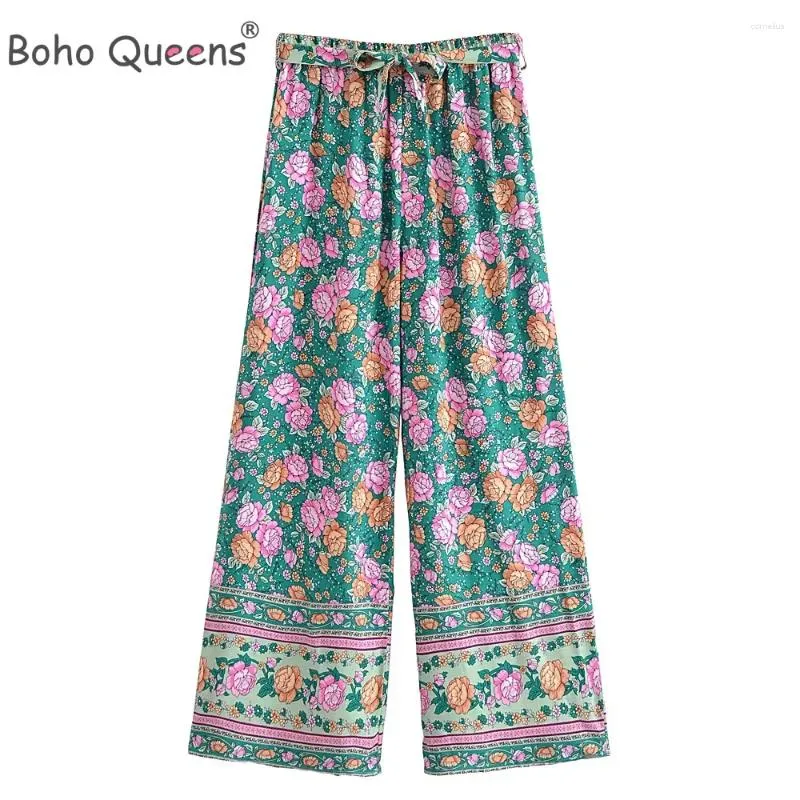 Женские брюки Boho Queens, женские богемные широкие брюки с цветочным принтом, женские готические свободные брюки из искусственного шелка с эластичной резинкой на талии, длинные повседневные брюки