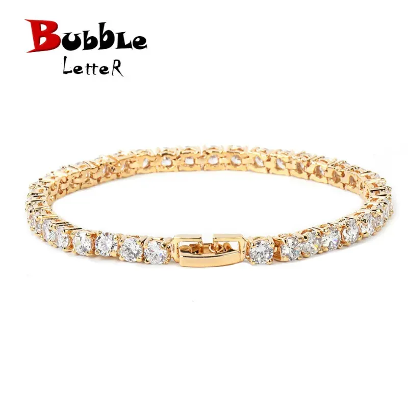 Bubble Letter Iced Zircon Tennis Chain Bracelet Men's Hip hop Jewelry Copper Material Gold Color Box Clasp CZ Bracelet Link 240127