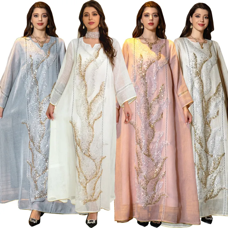 Robe longue turque magnifique robe de soirée muslumah broderie paillettes manches longues Dubaï Robe arabe musulman Abaya Moyen-Orient vêtements caftan