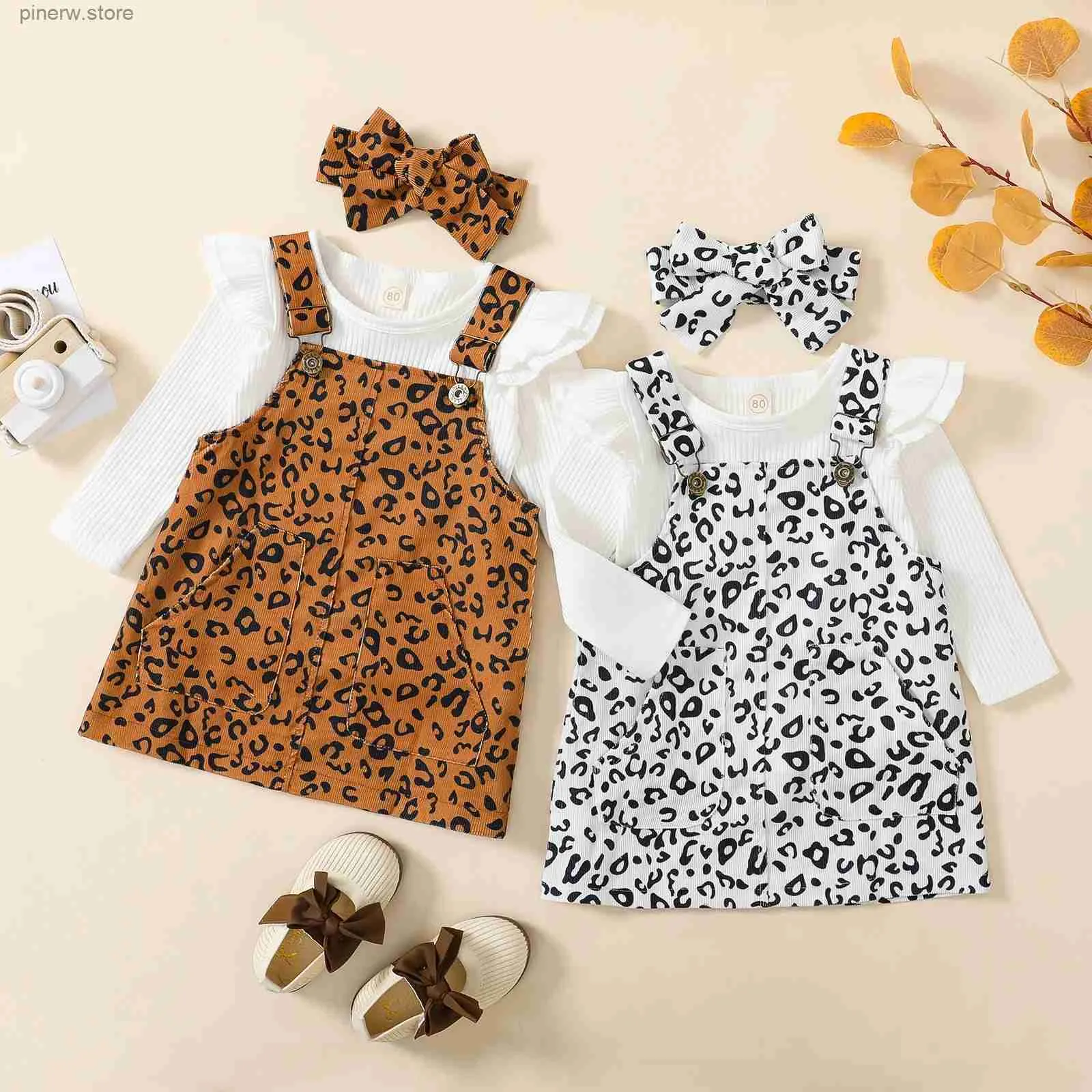 Kläder sätter 0-18m baby flickor leopard kläder kläder rufsar långärmad romper bälte kjolar pannband 3 st sring fall spädbarn flickor kläder