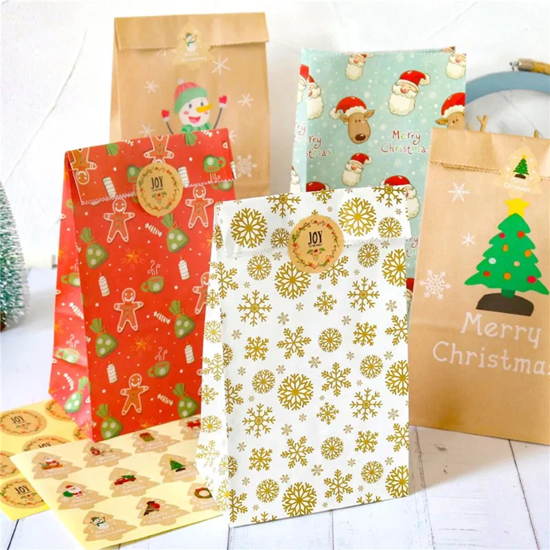 12 세트 크리스마스 선물 가방 크래프트 종이 가방 산타 클로스 눈사람 크리스마스 파티 캔디 쿠키 포장 파우치 포장 240124