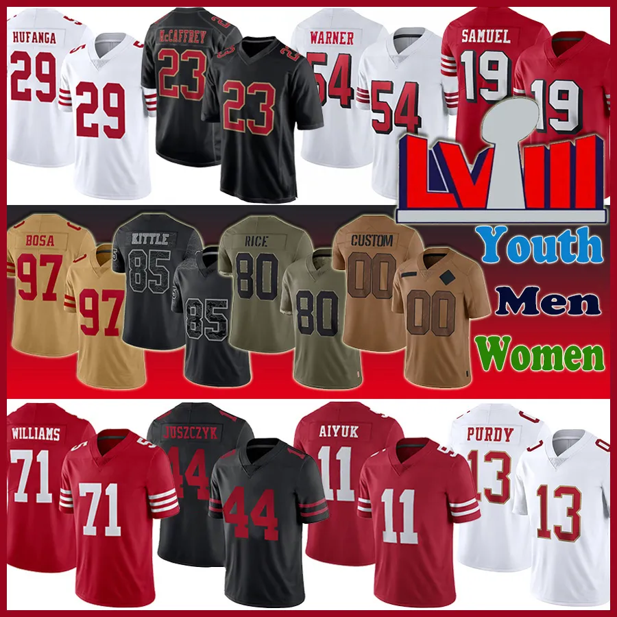 Brock Purdy Christian McCaffrey Camisa de futebol 49ers George Kittle Nick Bosa Deebo Samuel Fred Warner Trent Williams Arik Armstead Brandon Aiyuk Jerry Rice