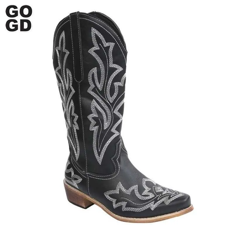 Stiefel GOGD Neue mittelhohe Westernstiefel, modische Damen-bestickte Cowboy-Cowgirl-Stiefel, spitze Zehen, dicke Absätze, mittelhohe Reitstiefel, L2401