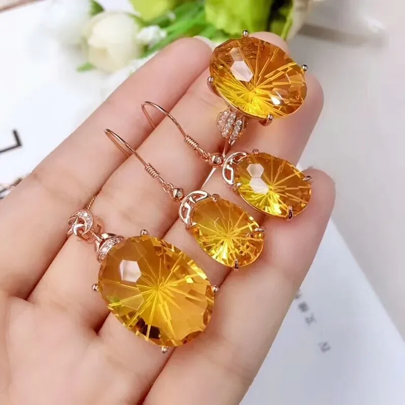 Sets meibapj Natural High Quality Citrine Gemstone Fine Wedding Bijoux Set 925 Collier en argent pur Boucles d'oreilles pour femmes