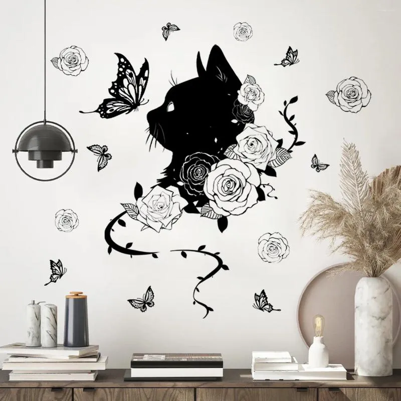 Wallpapers 30 90 cm Zwarte Kat Bloem Vlinder Muurstickers Slaapkamer Studie Achtergrond Huis Decoratief Behang Ms2294