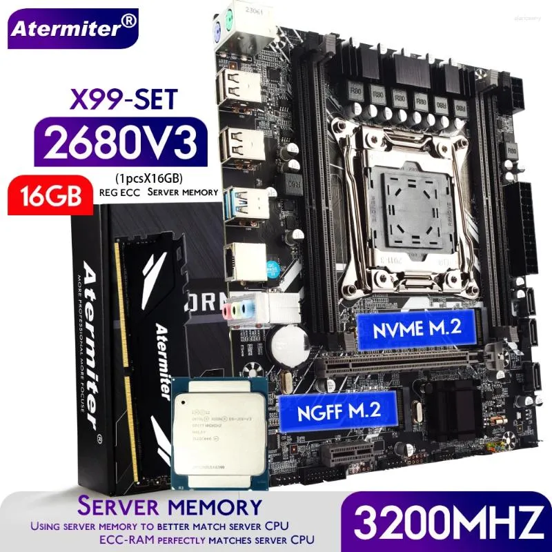 Płyty główne Atermiter X99 D4 Zestaw płyty głównej z Xeon E5 2680 V3 LGA2011-3 2680V3 CPU 16GB 3200 MHz DDR4 RES ECC RAM Pamięć NVME M.2