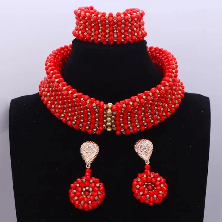 Dudo Dudo Trendy Braut Halskette Set Halsband Nigerian Afrikanischen Perlen Hochzeit Schmuck Set Für Frauen Rot Gold Kostenloser Versand