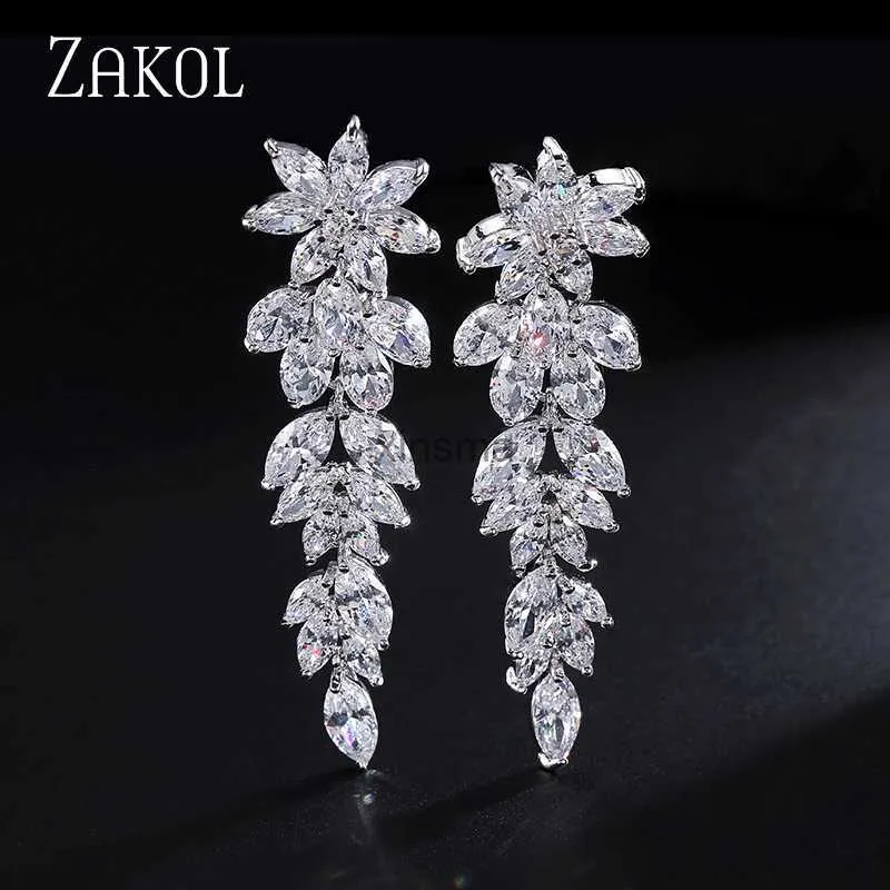 Stud ZAKOL luxe magnifique Marquise Cluster boucles d'oreilles pour femmes forme de fleur cubique zircone longue boucle d'oreille mariée bijoux de mariage YQ240129