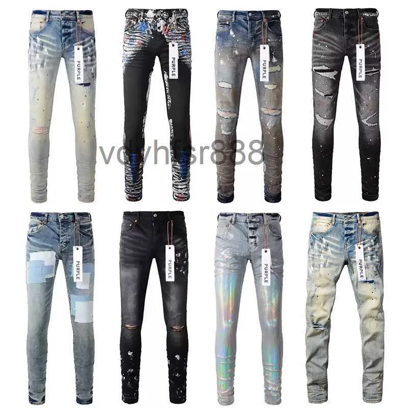 Designer Jeans Purple for Mens Skinny Motorcycle Trendy Ripped Patchwork Hole All Year Round Slim Legged Wholesale Brand GDB5