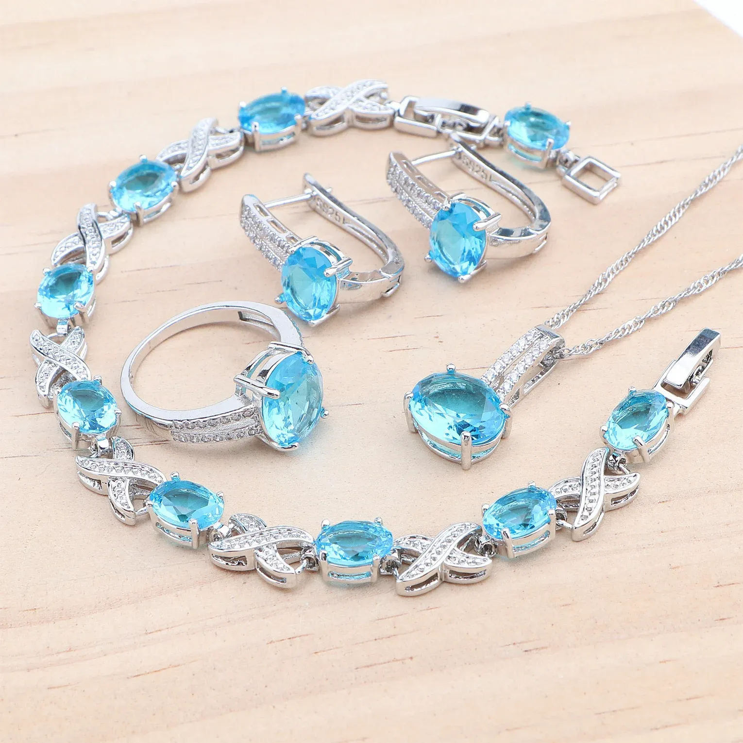 Necklace Silver 925 Bridal Jewelry Sets Natural Sky Blue Zircon Earrings Ring Bracelets Pendant Wedding Necklace Set For Women