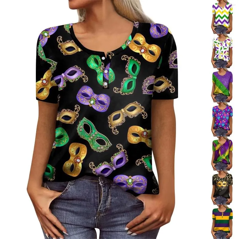 Koszulki damskie przycisk V-de-declover Modna zabawna wzór krótkiego rękawu retro druk Slim Casual Shirt roupas feminina