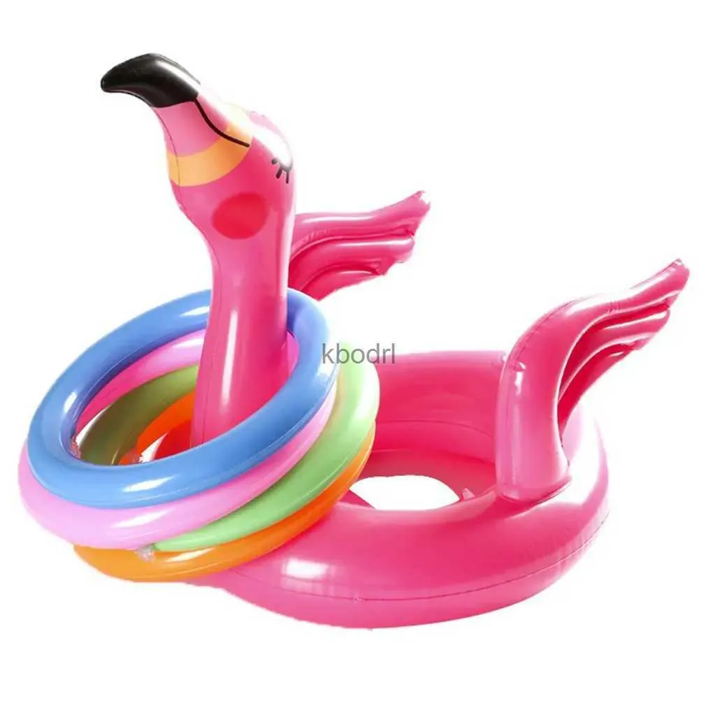 Andere Pools SpasHG Tragbarer aufblasbarer Flamingo-Kopfhut mit 4 Stück Wurfringen Wasserspiel für Familienfeier Rosa PVC-Material Pools Spaßspielzeug YQ240129