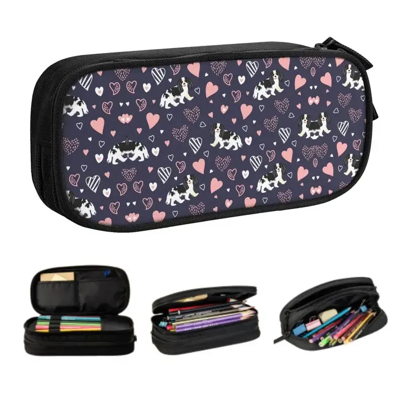 Przewoźnik urocza miłość czarno -biały kawaler King Charles Spaniel Pencil Case Blue Dog Large Pena Pen Box Bag School Akcesoria