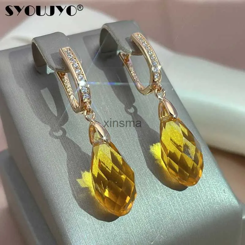 Stud SYOUJYO Luxury Shiny Pendant Earrings 585 Rose Gold Color Natural Yellow Water Drop Zircon Inlay Wedding Party Fashion Jewelry YQ240129
