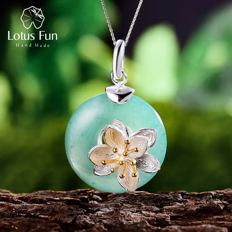 Pendants Lotus Fun Real 925 Sterling Silver Natural Aventurine Green Gemstone Fine Jewelry Lotus Whispers Pendant for Women without Chain