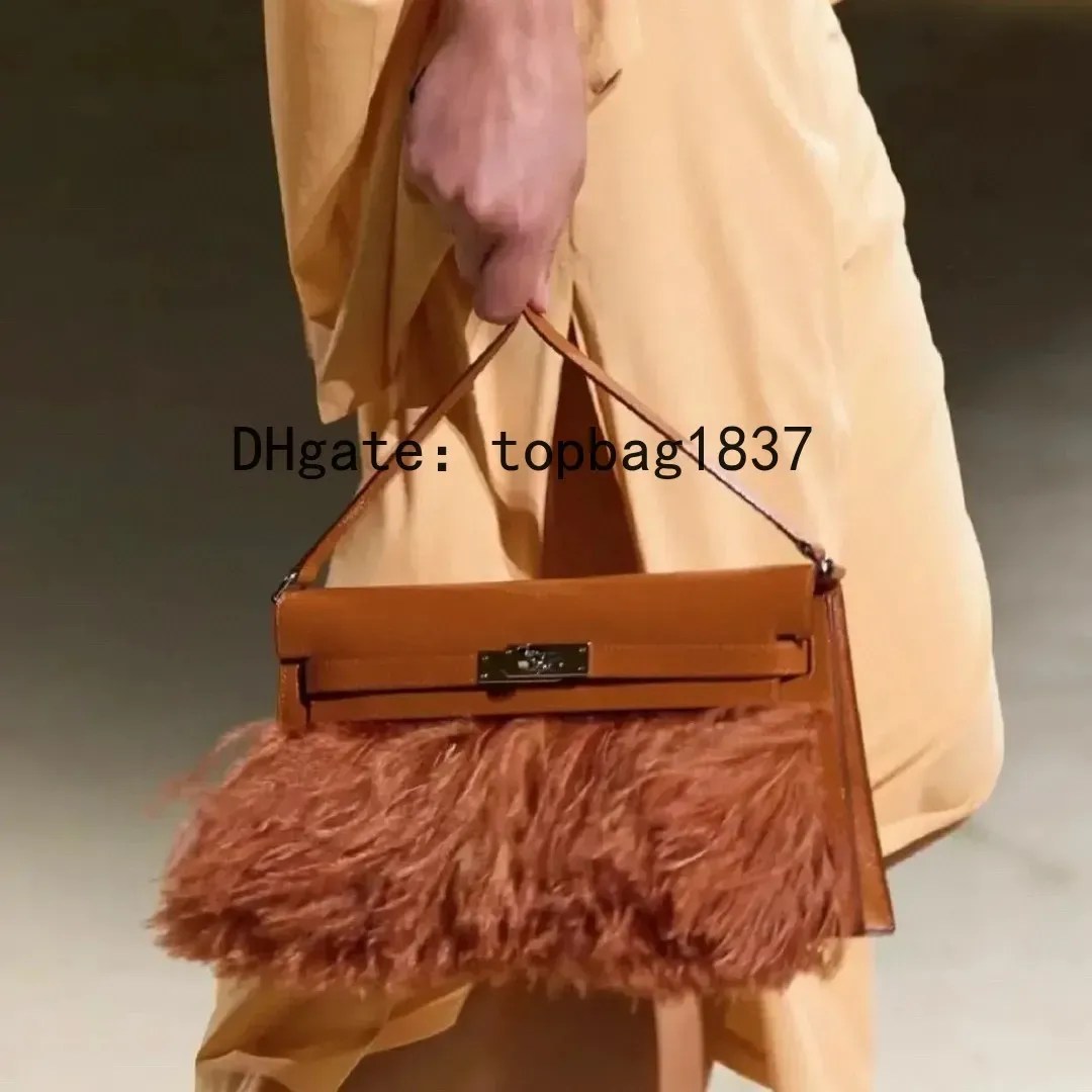 All handmade luxury women's handbags 10a mirror quality Special customization style designer bags real Ostrich hair splicing goatskin brown with original box