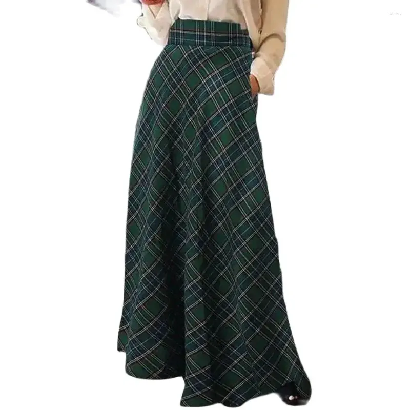 Rokken Engeland Stijl 2024 Vloerlengte Vrouwen Elegante Mode Plaid Plus Size Dames Hoge Taille Lange Knop Rok Jurken