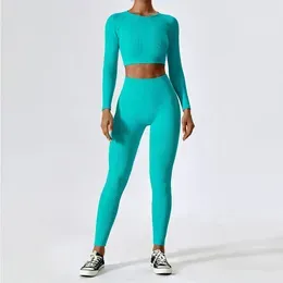 Yoga Outfit Ribbed Set Women Workout Sportswear Gym Clothing Fitness Long Sleeve Crop Top High Waist Leggings Sports Suits Tracksuit 231120