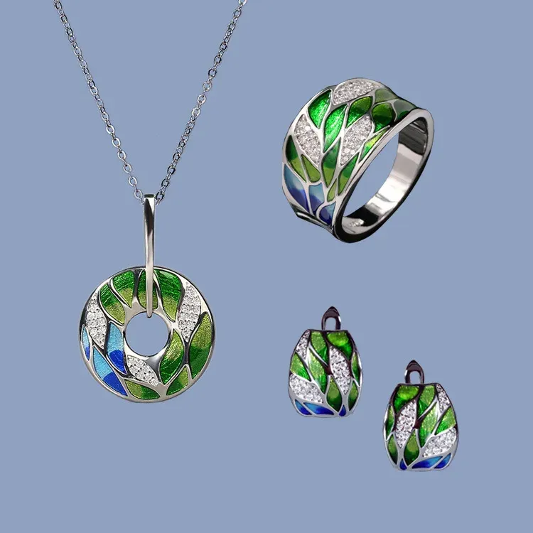 Naszyjnik klasyczny zestaw biżuterii dla biżuterii Zestaw zielony liść troje ring naszyjniki