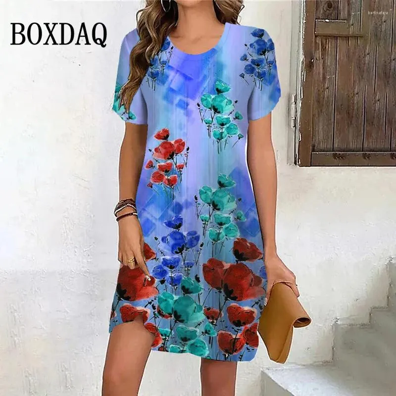 Robes décontractées Vintage Tie Dye Peinture à l'huile Femmes Plus Taille Été 2024 Manches courtes Mini Robe Rétro Fleur Imprimer